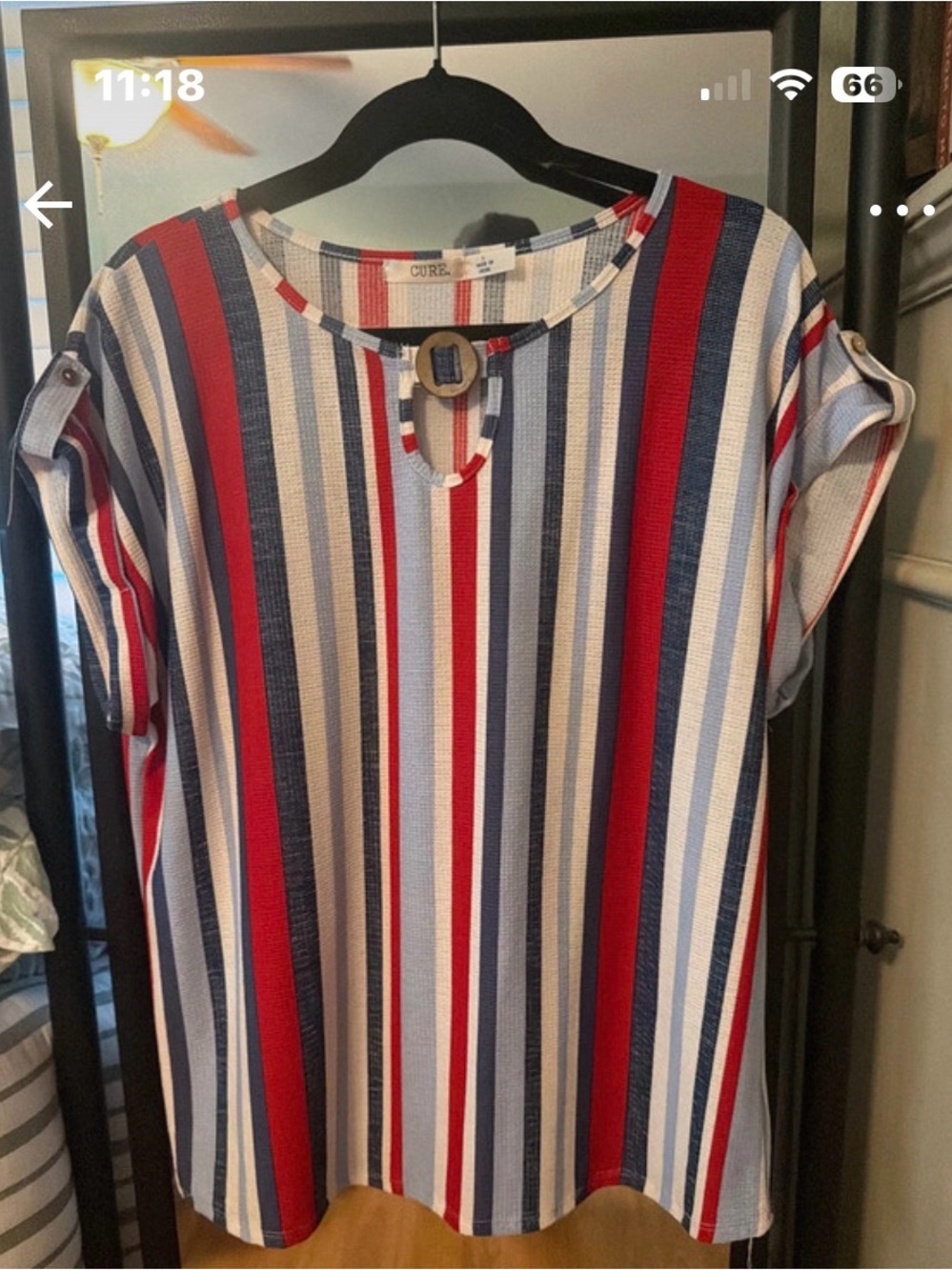 CURE. Red, Navy & White Striped Short Sleeve Keyhole Blouse